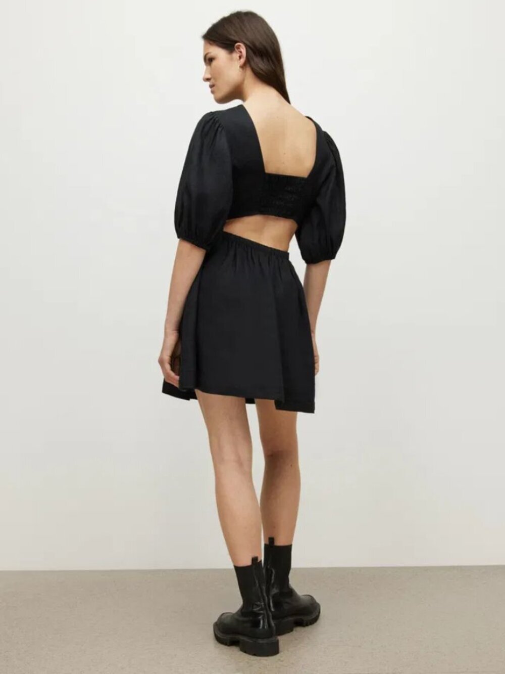 ALLSAINTS Colette Black 100% Linen Cut Out Fit & Flare Mini Dress, Size 10 - Picture 3 of 13